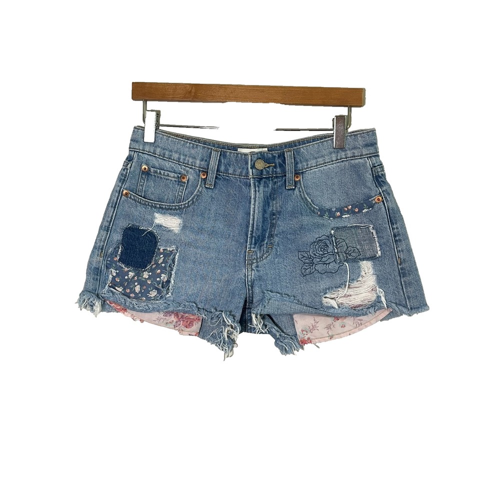 Retro Micro Denim Jean Shorts Floral Embroidery 8 Boho Indie Festival Country
